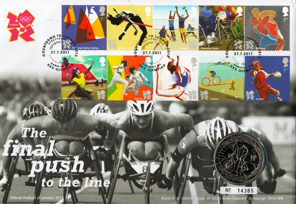 Elizabeth II. Royal Mail £5 Coin Cover - Final Push to the Line. 2011