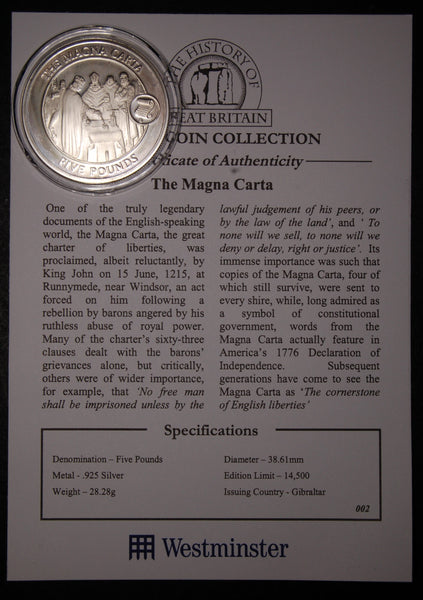 Gibraltar. Silver 5 Pounds. 2008. Magna Carta.