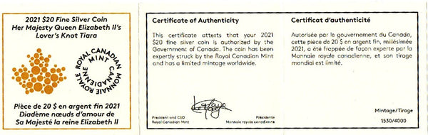Canada. Proof fine silver 20 Dollars. 2021. Lover's Knot Tiara.