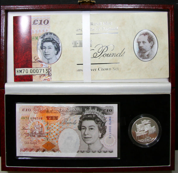 Elizabeth II. Proof silver five pounds and HM70 Ten pound note. 1996.