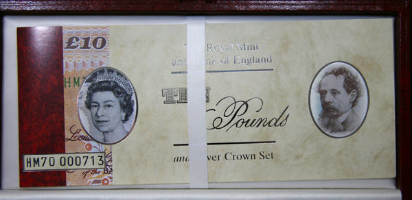 Elizabeth II. Proof silver five pounds and HM70 Ten pound note. 1996.