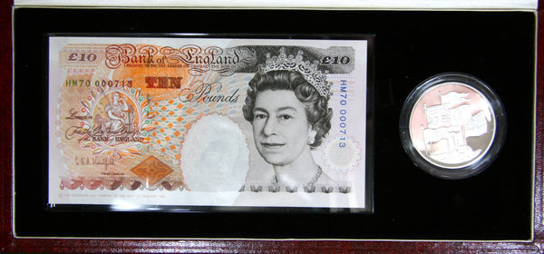Elizabeth II. Proof silver five pounds and HM70 Ten pound note. 1996.