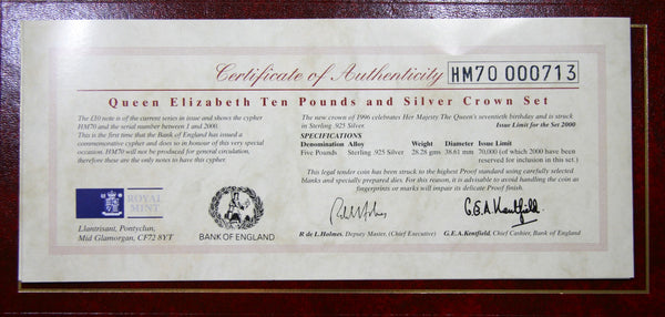 Elizabeth II. Proof silver five pounds and HM70 Ten pound note. 1996.