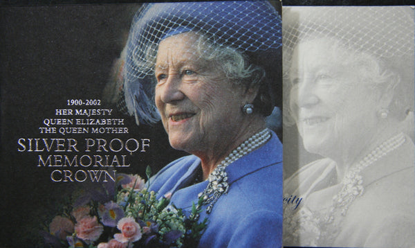 Elizabeth II. Silver proof five Pounds. 2002. Queen Mother Memorial.