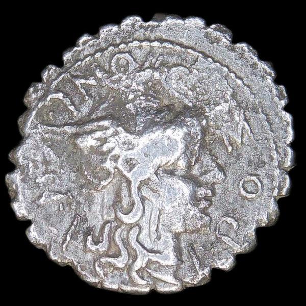 Rome Republic. Serrate Denarius. Lucius Pomponius. 118BC.