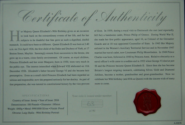 Jersey. Elizabeth II. 90th Birthday proof £100 fine silver One Kilo Coin. 2016 .