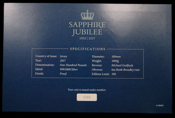 Jersey. Elizabeth II. Sapphire jubilee proof £100 fine silver one kilo Coin. 2017.