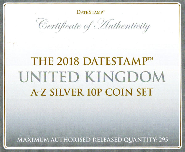Elizabeth II. Datestamp Silver Proof A-Z 10p set. 2018