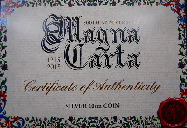 Guernsey. Silver Proof £50. 2015. 10oz silver. 800th Anniversary of The Magna Carta.