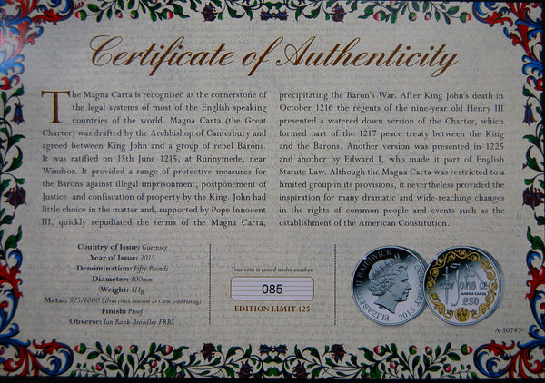 Guernsey. Silver Proof £50. 2015. 10oz silver. 800th Anniversary of The Magna Carta.