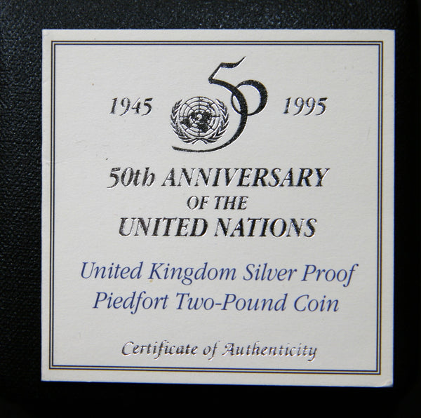 Elizabeth II. Silver proof piedfort two pounds. 1995. United Nations.