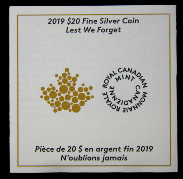 Canada. Proof Fine Silver 20 Dollars. 2019. 'Lest We Forget'
