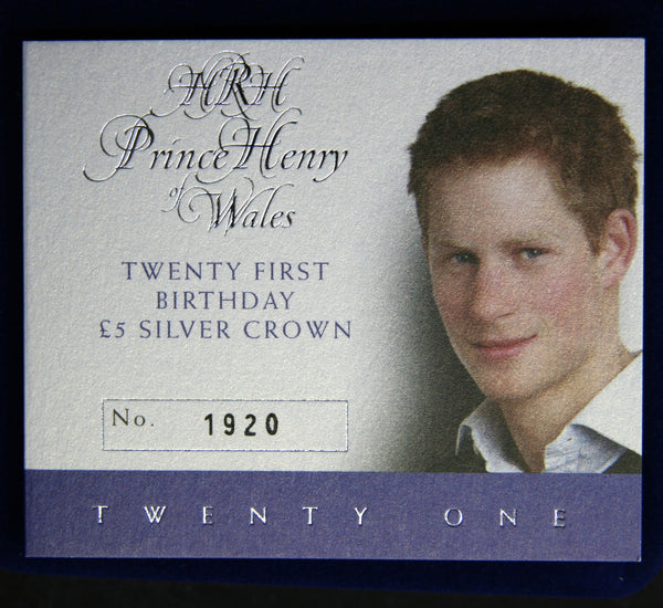 Alderney. Silver proof five pounds. 2005. Prince Harry 21st birthday.