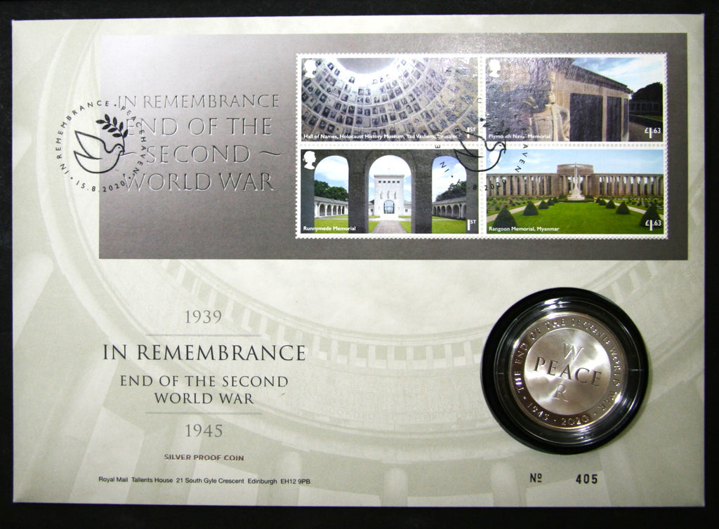 Elizabeth II. Silver proof remembrance £5. 2020. With FDC.