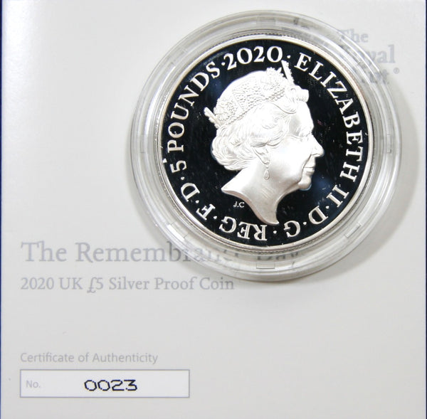 Elizabeth II. Royal Mint. Remembrance day Silver Proof five pounds. 2020.