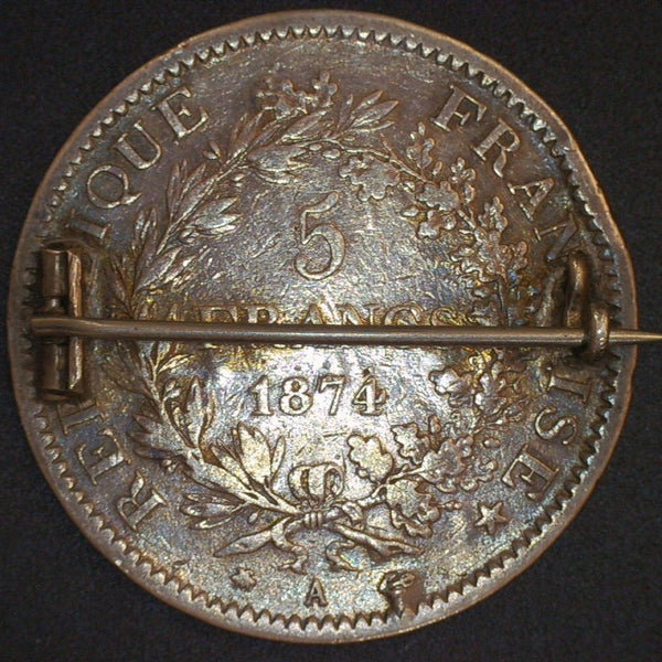 France. 5 Francs. 1874. Brooch mounted.