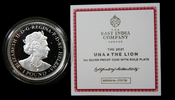 St Helena. East India Company. 1 Ounce fine silver proof 1 pound. 2021. Una And The Lion.