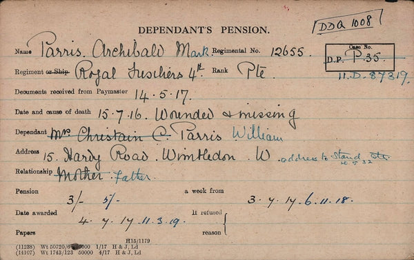 WW1. Pair. Parris. R Fusiliers. Somme casualty.