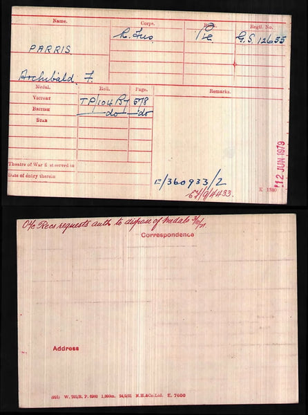 WW1. Pair. Parris. R Fusiliers. Somme casualty.