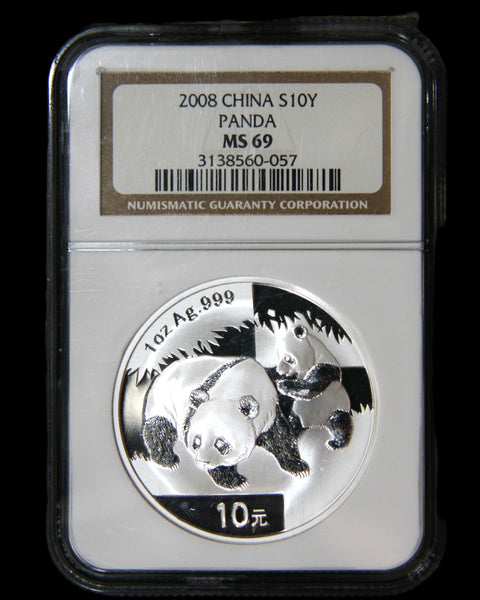 China. 10 Yuan fine silver Panda. A selection of graded examples.