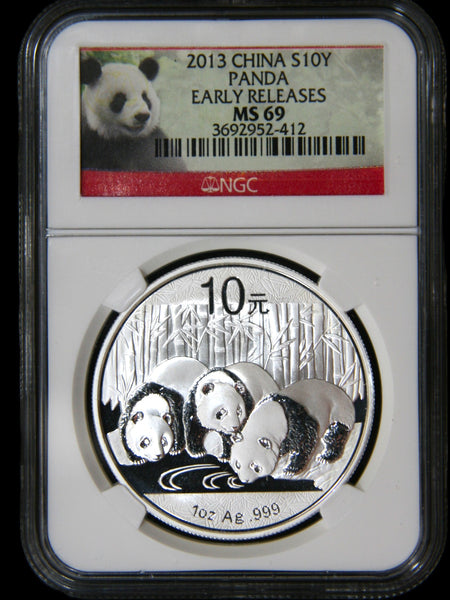 China. 10 Yuan fine silver Panda. A selection of graded examples.