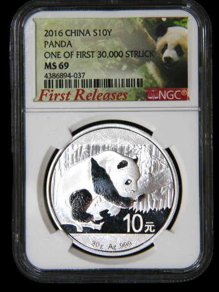 China. 10 Yuan fine silver Panda. A selection of graded examples.