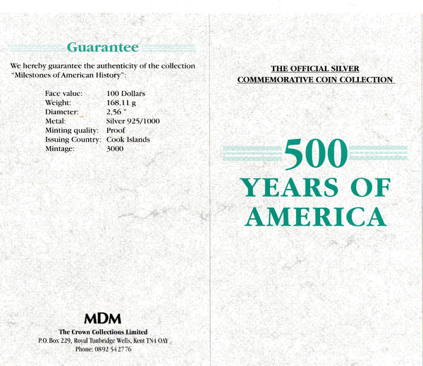 Cook islands. Silver proof 100 Dollars 4 coin set. '500 Years of America'