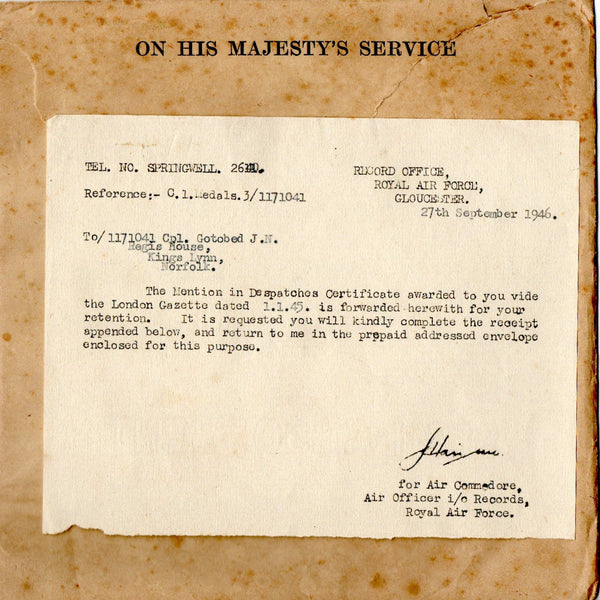 WW2 pair. Gotobed. RAFVR. Mentioned in despatches.