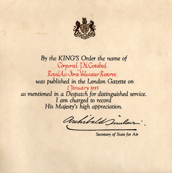 WW2 pair. Gotobed. RAFVR. Mentioned in despatches.