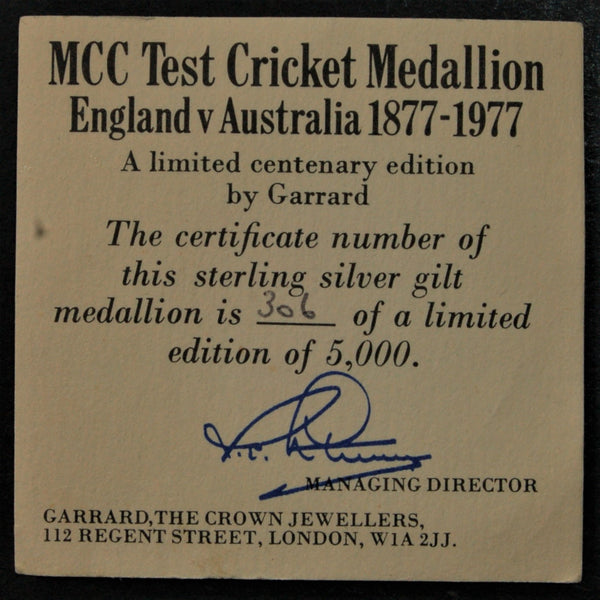 MCC Sterling silver gilt Test Cricket Medallion. 1977