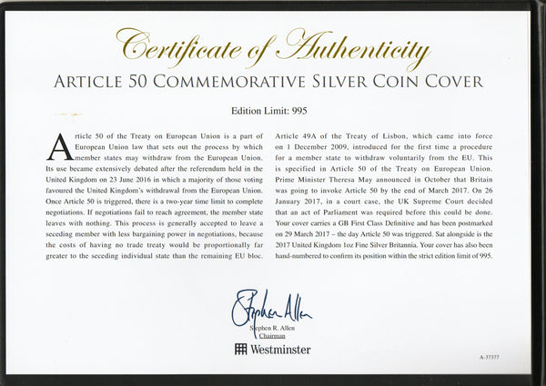 UK. Article 50 commemorative silver Britannia coin cover. 2017 Brexit.
