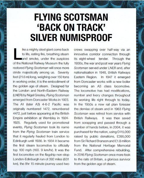 Flying Scotsman. 'Back on Track'. Silver Numisproof.