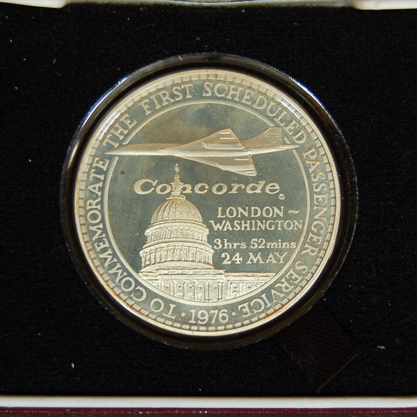 UK 1976 London - Washington Concorde Flight .925 Silver Proof Crown Medal Coin
