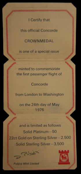 UK 1976 London - Washington Concorde Flight .925 Silver Proof Crown Medal Coin