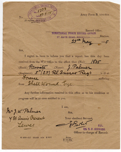WW1. 1914-15 Star Trio with plaque, scroll and personal archive. Palmer. Royal Sussex Regiment. K.I.A.