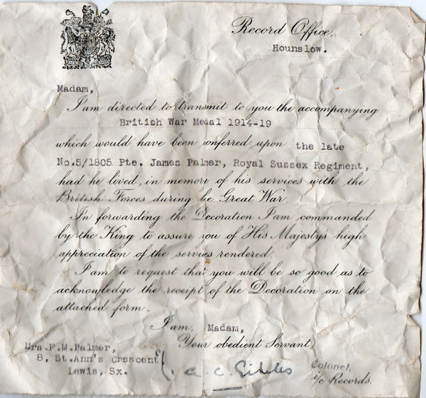WW1. 1914-15 Star Trio with plaque, scroll and personal archive. Palmer. Royal Sussex Regiment. K.I.A.