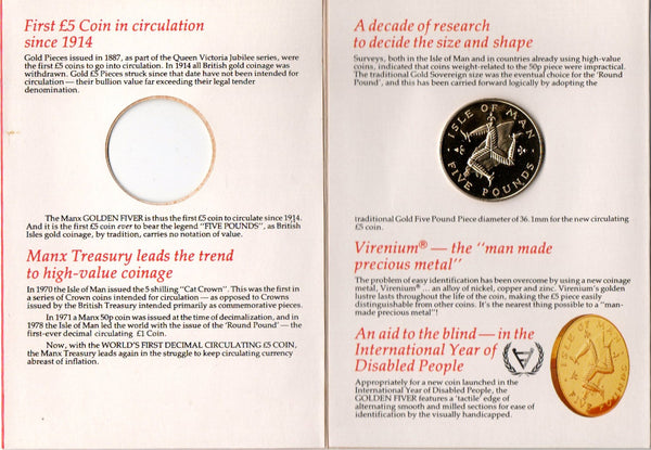 Isle of Man. Virenium Proof Five Pounds. 1981. Worlds First.