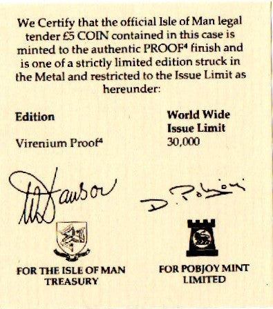 Isle of Man. Virenium Proof Five Pounds. 1981. Worlds First.