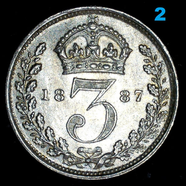 Victoria. Threepence. 1887 Jubilee head. A selection.