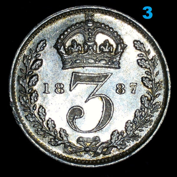 Victoria. Threepence. 1887 Jubilee head. A selection.