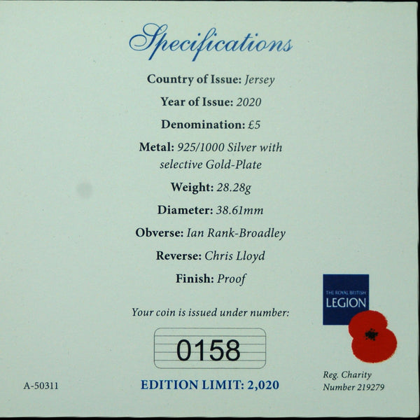 Jersey. Silver proof £5. Remembrance poppy issue. 2020.