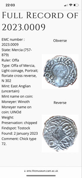 Offa. portrait Penny. Light coinage. AD757-796