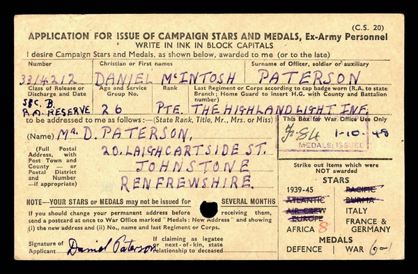 WW2. Campaign group of 6. Paterson. Highland Light Infantry.