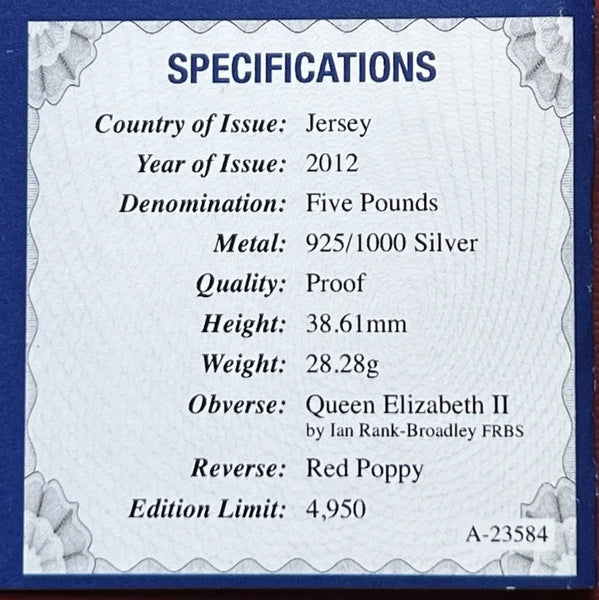 Jersey. The Proof Silver 5 Pound Poppy Coin. 2012