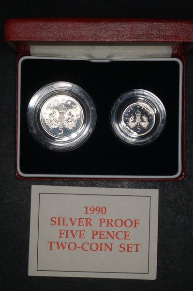 Royal Mint. Silver proof 5 pence 2 coin set. 1990