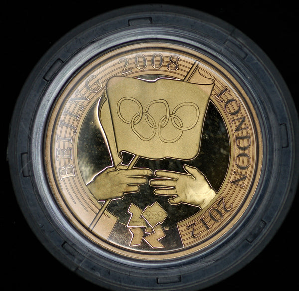 Elizabeth II. Proof gold two Pounds. 2008 Olympic handover version.