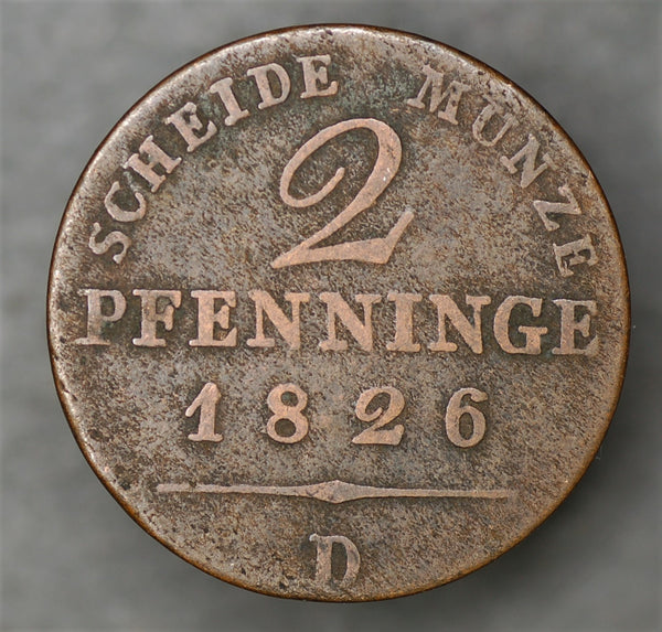 Germany. Prussia. Scheide munze. 2 pfennig. 1826D
