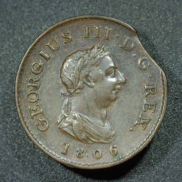 George III. Farthing. 1806. Mint error, clipped planchet.