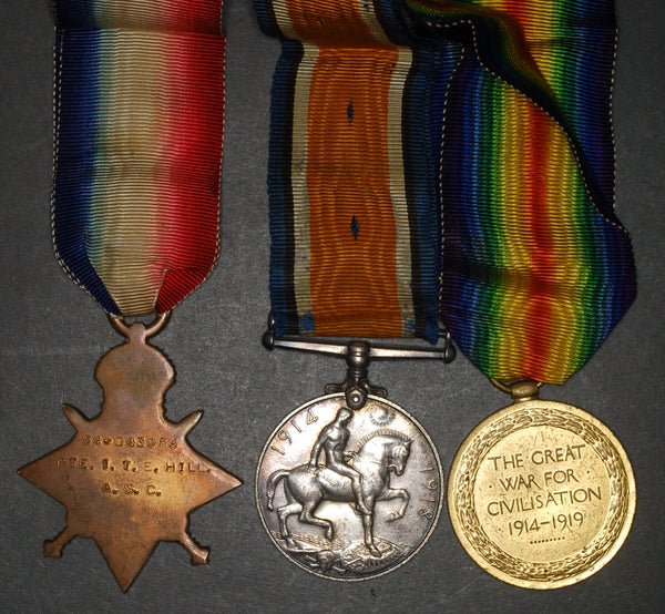 WW1. 1914-15 star trio. Hill. A.S.C./Durham L.I.. POW