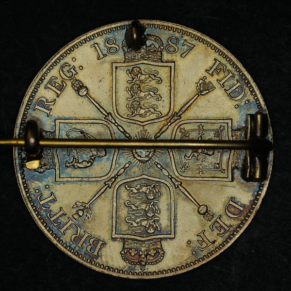 Victoria. Enameled double florin dated 1887. Brooch mounted